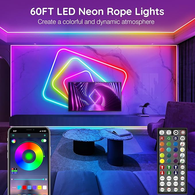 AILBTON 18m Smart Waterproof LED Neon Lights, Music Sync Color Changing, App & Remote Dual Control, High-Appearance Decor Lights for Multiple Scenes