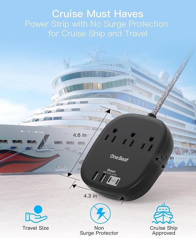 Flat Plug Power Strip, 6ft Flat Extension Cord - 3 Outlets 4 USB Ports (2 USB C) 22.5W/4.5A Desktop Charging Station, Power Strip No Surge Protection for Cruise Ship, Dorm Room Travel Essentials - BK