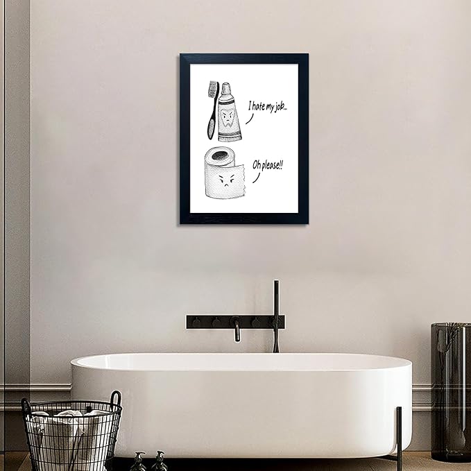 Kids Bathroom Decor Cute Children's Bathroom Wall Art Funny Canvas Print Framed Modern Black and White Picture Artwork for Guest Restroom