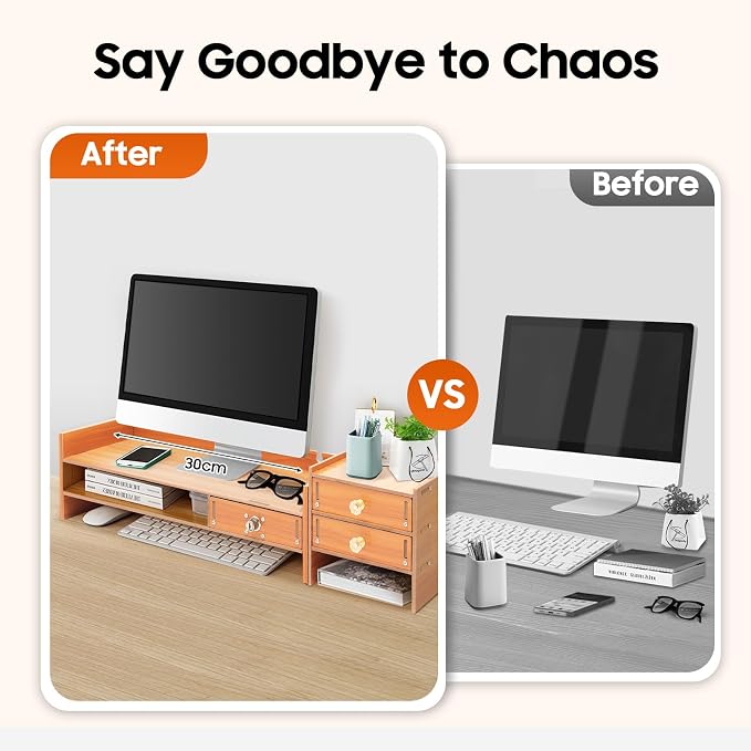 Computer Monitor Stand, Wooden Monitor Riser with Lockable Drawer and Storage, Multi Wooden Desktop Storage Stand for Laptop Printer Screen and Office Supplies Organizer, 25.2" x 7.87" x 5.33" (3 Drawer)