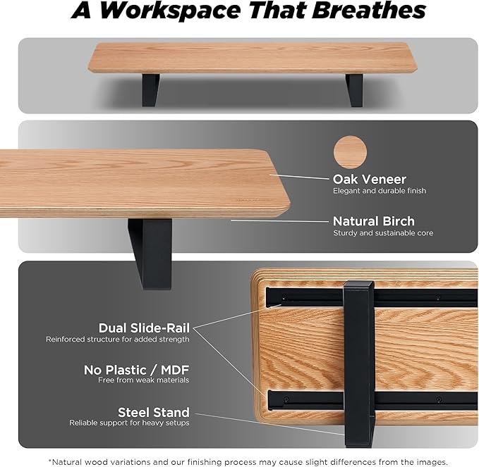 Moodular Wooden Monitor Stand Desk Organizer, Standard 33.4" Oak | Customizable Organized Workspace, Aluminum Slide Rails, 10 Add-Ons Sold Separately: Storage Drawer, Tablet, Phone & More