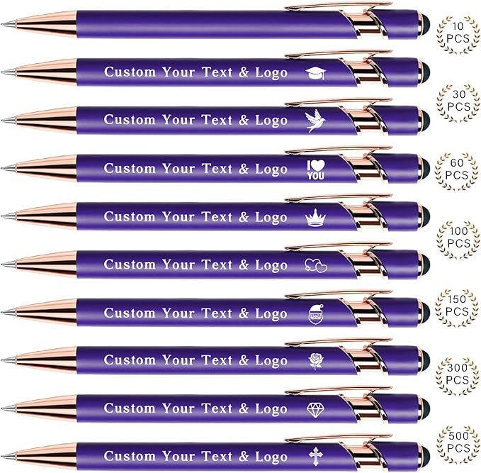 Bulk Custom Pens Personalized, Customized Pens with Name/Logo on Both Sides Gifts, Black Ink Engraved Ballpoint with Stylus, Ideal for Business, Birthday, Party, Wedding, School, Metal Material
