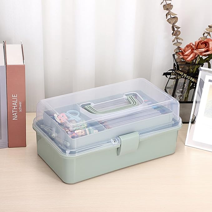 BTSKY 3-Layer Plastic Dividing Storage Box Craft Organizer and Storage | Portable Handled Art Supply Organizer with Adjustable Spacers Multipurpose Home Utility Box for Medicine Sewing(Haze Green)