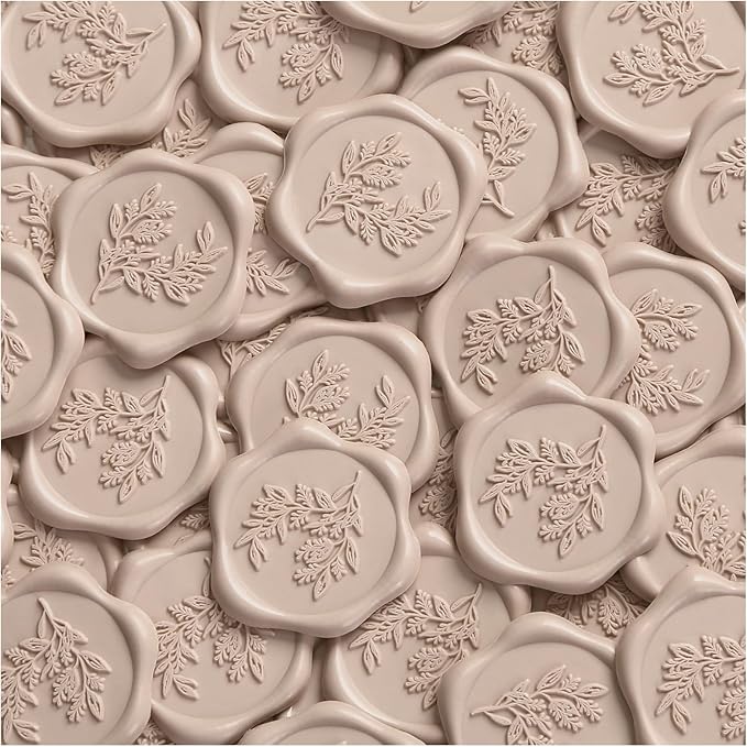 UNIQOOO Wax Seal Stickers - Eucalyptus Wedding Invitation Envelope Seal Stickers, 50 Pcs Self- Adhesive Taupe Stickers, Perfect for Invitation, Christmas, Gift Wrapping