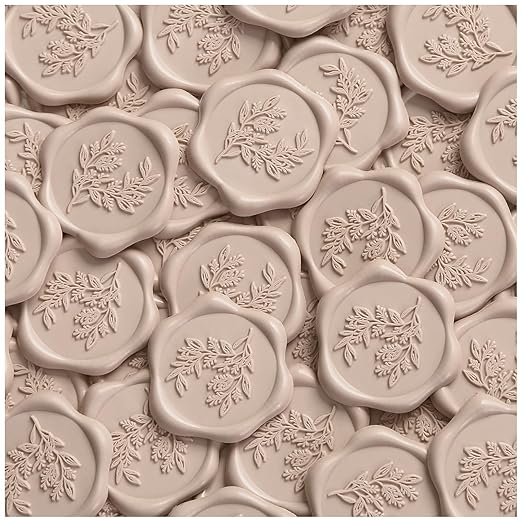 UNIQOOO Wax Seal Stickers - Eucalyptus Wedding Invitation Envelope Seal Stickers, 50 Pcs Self- Adhesive Taupe Stickers, Perfect for Invitation, Christmas, Gift Wrapping