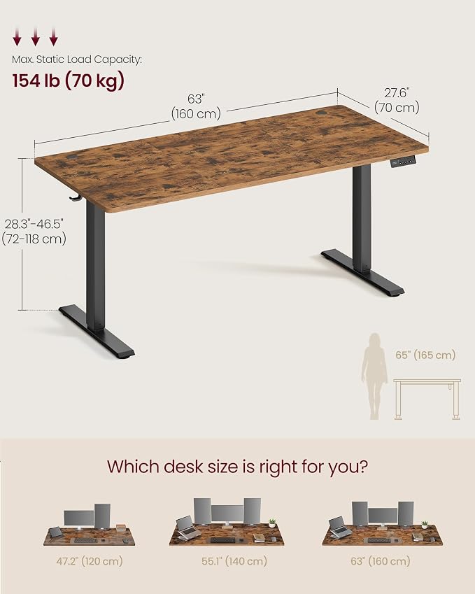 VASAGLE Electric Standing Desk, Stand Up Desk, 4 Memory Heights, Sedentary Reminder, for Home Office, 63 x 27.6 Inches, Rustic Brown ULSD316KD02S