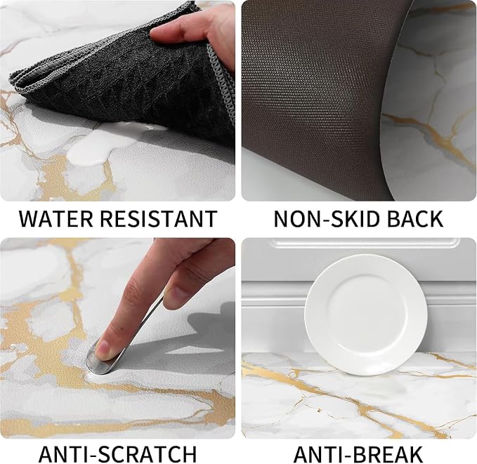 MAYHMYO Kitchen Mats Cushioned Anti Fatigue 0.47" Thick, White and Gold Marble Kitchen Rug Floor Mat, Non Slip Waterproof Modern Comfort Standing Mat for Home, Office, Sink