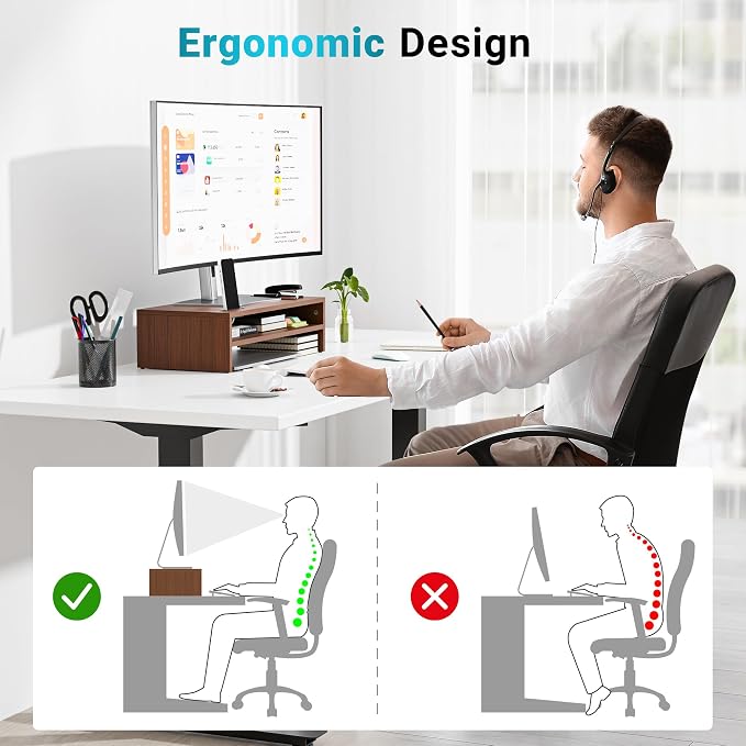 BONTEC Walnut Monitor Stand Riser, 21.3 Inch 2-Tier Wood Desk Shelf for Monitor & Laptop, Desktop Organizer with Cable Management and Phone Holder, Ergonomic Computer Riser, 66 lbs Capacity