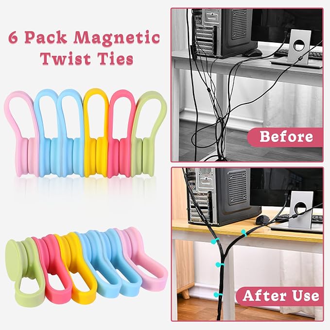 Viaky Magnetic Cable Ties 6-Pack,Silicone Magnetic Cord Ties,Macaron Color | Magnetic Cord Organizer for Bundling Earphone, Charging Cords,Cord Wraps,Reusable Twist Ties for Home,Office,Kitchen,Travel