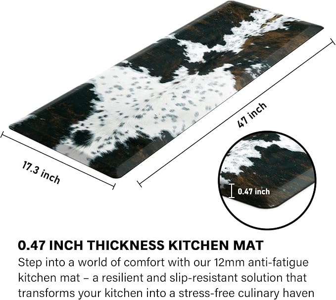 Tyrot Cowhide Kitchen Mat Cushioned Anti Fatigue - 1/2 Inch Thick Western Cow Kitchen Mats for Floor, Non Slip PVC Waterproof Standing Desk Ergonomic Comfort Rugs for Sink, Office, Laundry, 17.3x47
