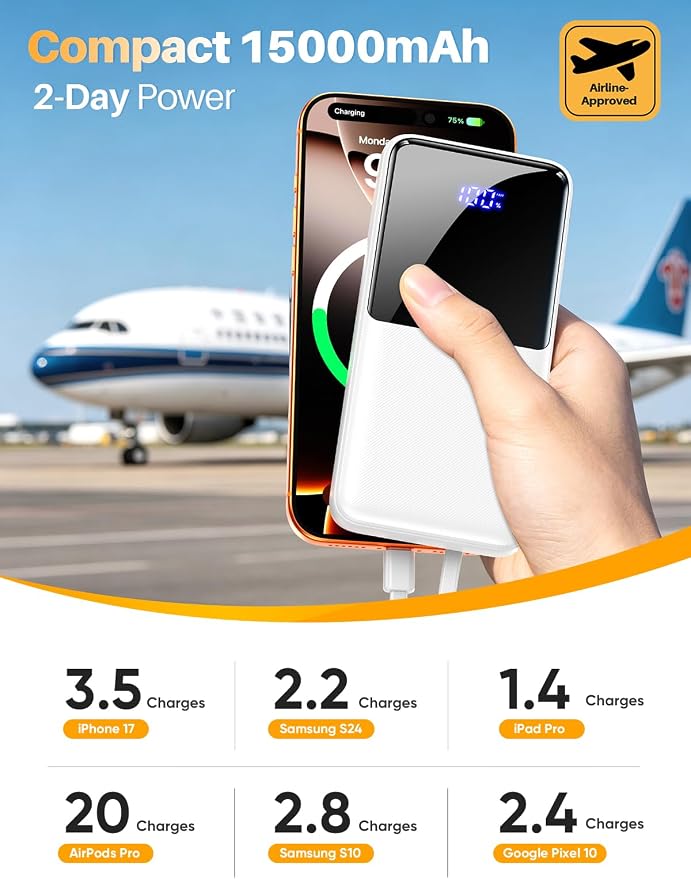 Portable Charger Power Bank, 50% Larger Capacity 15000mAh Battery Pack with Built in Cable, 22.5W Fast Charging Travel Camping Essential Powerbank for iPhone 17 16 Pro iPad Samsung S26 Google etc
