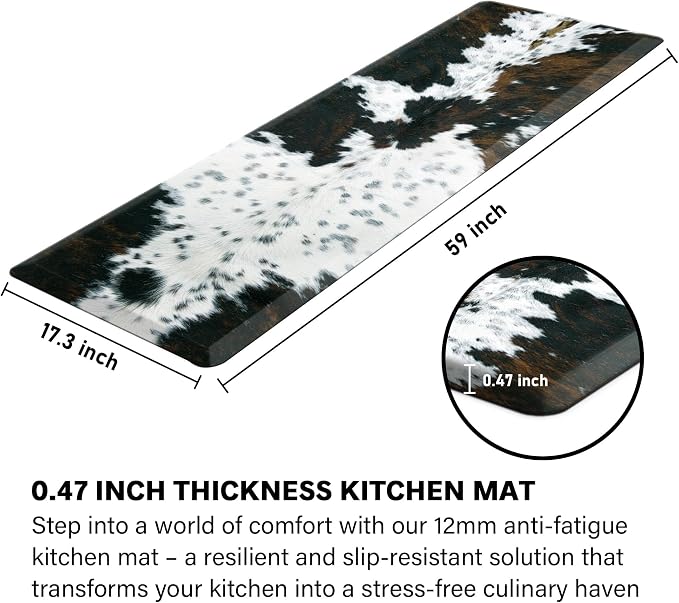 Tyrot Cowhide Kitchen Mat Cushioned Anti Fatigue - 1/2 Inch Thick Western Cow Kitchen Mats for Floor, Non Slip PVC Waterproof Standing Desk Ergonomic Comfort Rugs for Sink, Office, Laundry, 17.3x60