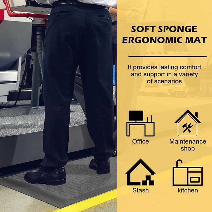 Anti Fatigue Mat 2x7 Ft 15/16" Thick Soft Sponge Ergonomic Mat | Comfort All Shift Floor Mat Rugged Diamond Stud Steadfast Standing Mat Automotive Assembly Paint Body Shop Gray