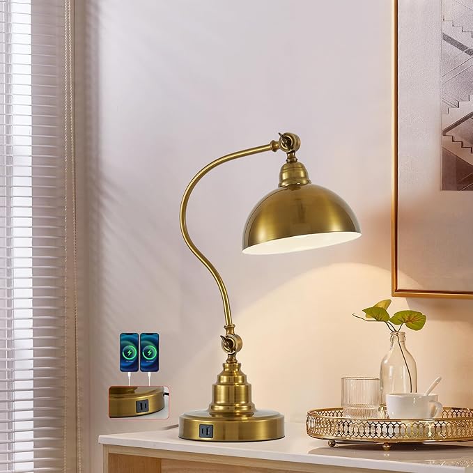 Antique Gold Vintage Desk Lamp Decorative Table Lamp for Home Office Living Room Bedroom Desk Light, Rustic Industrial Farmhouse Antique Library Study Desk Lamp E26 LED Bulb Included