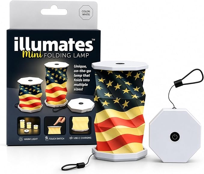 Origami Expanding Foldable LED Desk Lamp – USB Rechargeable & Portable - Dimmable Touch Control Light with Adjustable Height up to 5 1/2 for Office, Travel, Bedside & Modern Design (American Flag)
