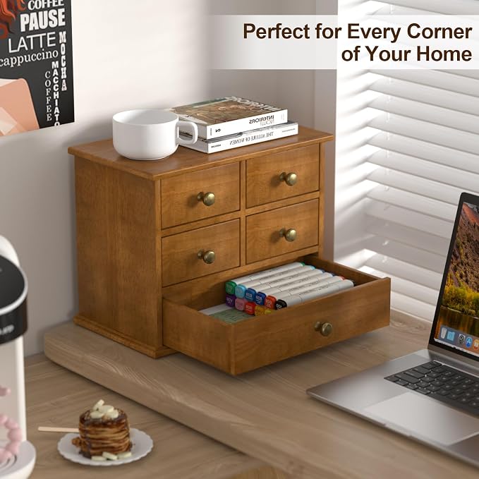 Oak Desk Organizer with Drawers, Durable Wooden Desktop Storage Box | 5 Drawer Tabletop Organizer with Metal Handles & Non-Slip Pads for Office, Bedroom, Bathroom, Vanity & Makeup Storage, Walnut