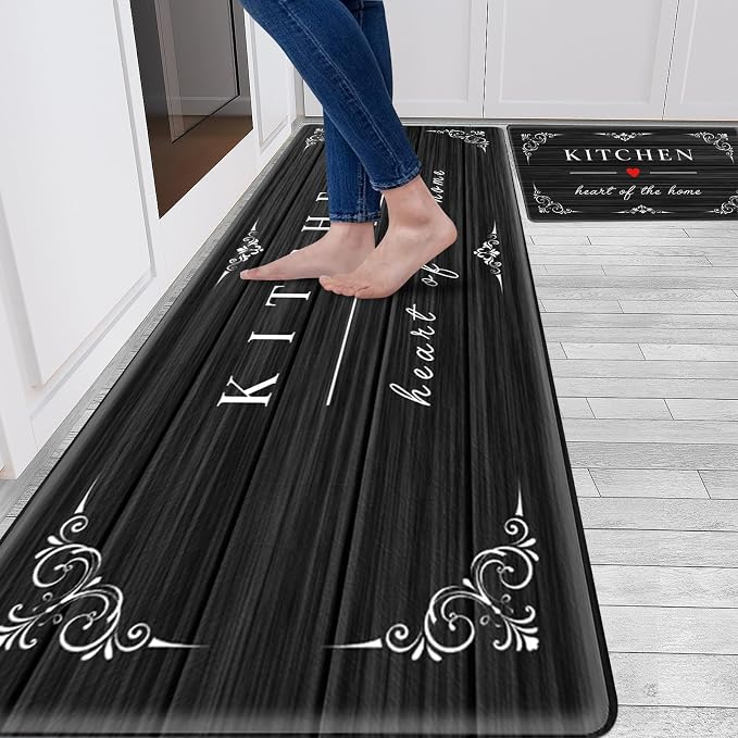 Sofort Kitchen Mat for Floor, Anti Fatigue Cushioned Kitchen Rugs Sets of 2 | Non-slip, Waterproof, Comfort, Rustic Wooden, Black, For Kitchen, Office, Sink, Laundry, 17"x 29"+ 17"x 47"