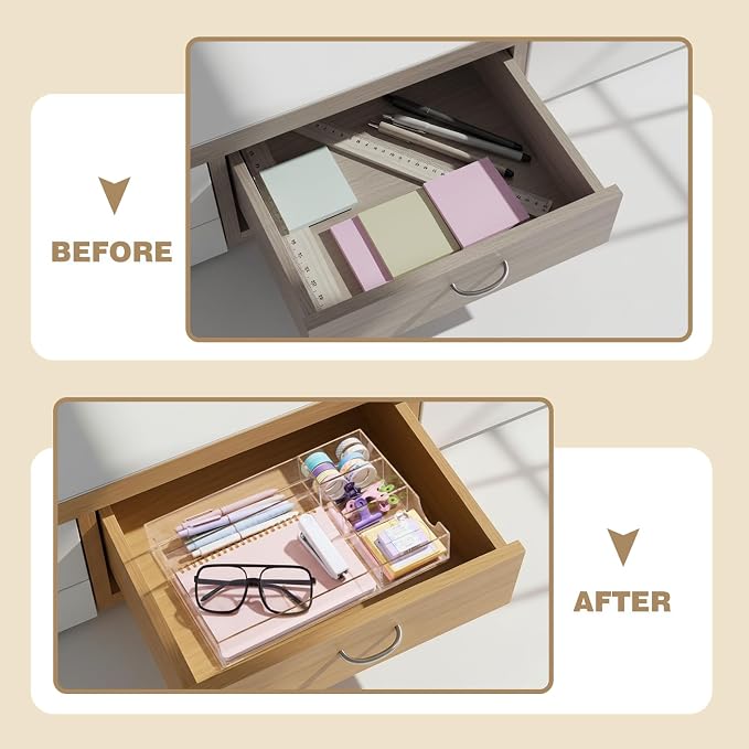 Briwooody Clear Acrylic Drawer Organizer,5 Compartments,Large | 12.2 x 8.27 x 1.77 Inch Desk Storage Tray Organizer for Pen, Stationery, Desktop, Office, Bathroom, Kitchen, Makeup Supplies