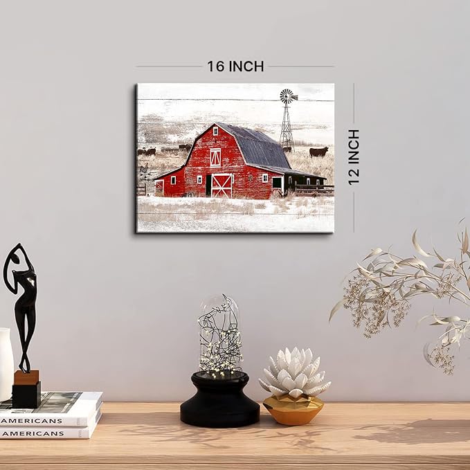 Farmhouse Barn Wall Art Kitchen Wall Decor Rustic Windmill Meadow Landscape Picture Canvas Prints Vintage Farm House Red Barn Scenery Painting Countryside Cow Poster Artwork Home Decorations 12x16”