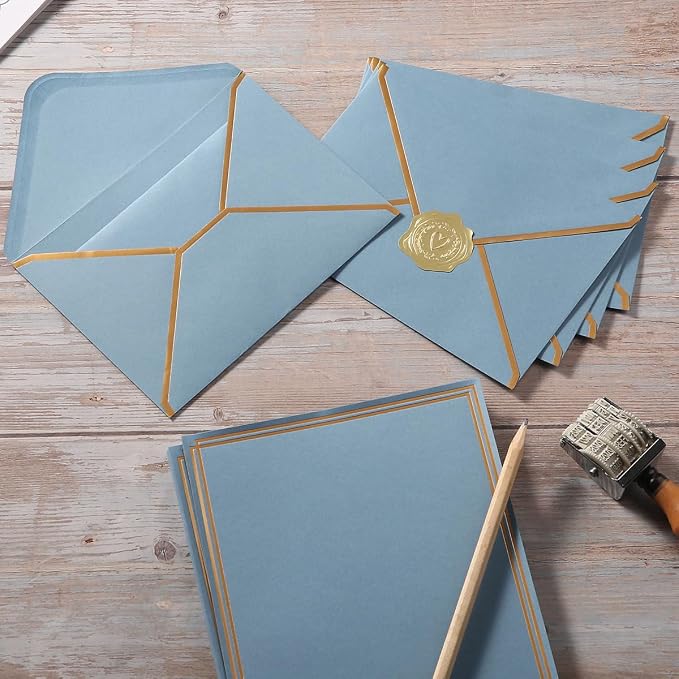 50 Pack Stationery Set with Envelopes, Dusty-Blue, 6x8 Inches | Gold Border, A6 Envelopes 4.75x6.5 inch and 6x8 Paper Sheets, Stickers for Letter Writing, Invitations