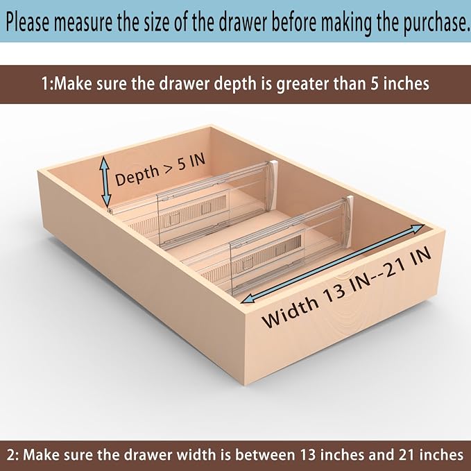4 Pack Adjustable Drawer Dividers for Clothes,5" High Expandable From 13-21" Clear Drawer Organizers, PC Plastic Separators for Dresser/Bedroom/Bathroom/Kitchen/Office Storage