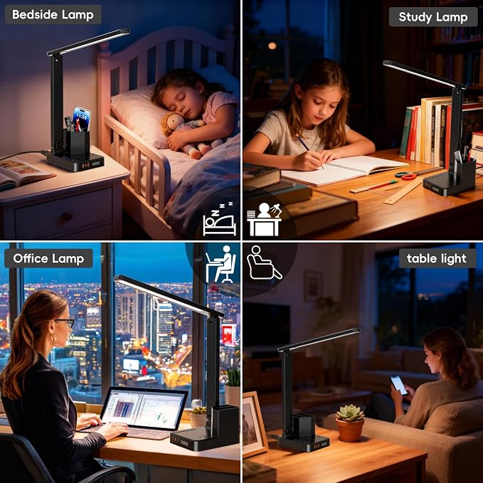 cozoo LED Desk Lamp for Dorm with USB Charging Ports and AC Outlets, Modern Dimmable Eye Cariing Desk Light for Home Office with Pen Holder, Kids Small Table Lamp for Reading, Bedroom, Study, Craft