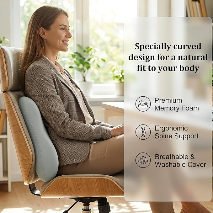 Lumbar Support Pillow for Office Chair Car Lumbar Pillow Lower Back Pain Relief Ergonomic Design Gray Memory Foam Chair Back Cushion Ideal for Home, Office, Gaming
