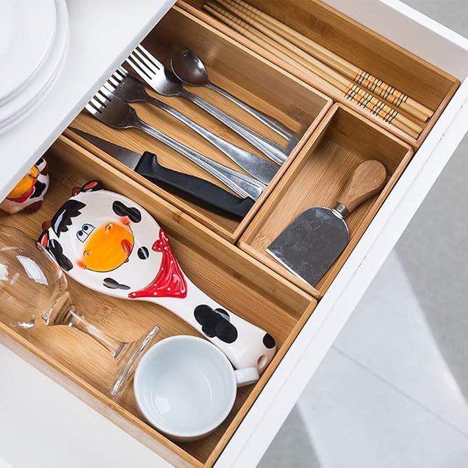 PRATIQUE Bamboo Drawer Organizer - Kitchen Utensil Organizer Silverware Tray Cutlery Holder，Office Desk Supplies and Accessories (12x3x2.6 inch)