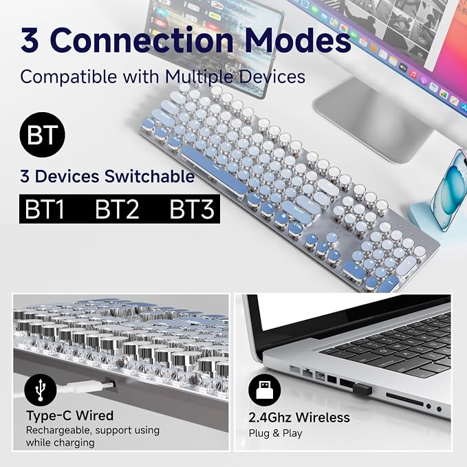 SEUNKWANG EWEADN Typewriter Keyboard Wireless Mechanical Keyboard, 104 Keys Gradient Color Typewriter Keyboards with White Backlit, Anti-Ghosting, Blue Switch Bluetooth/2.4GHz/Wired Keyboards-Blue
