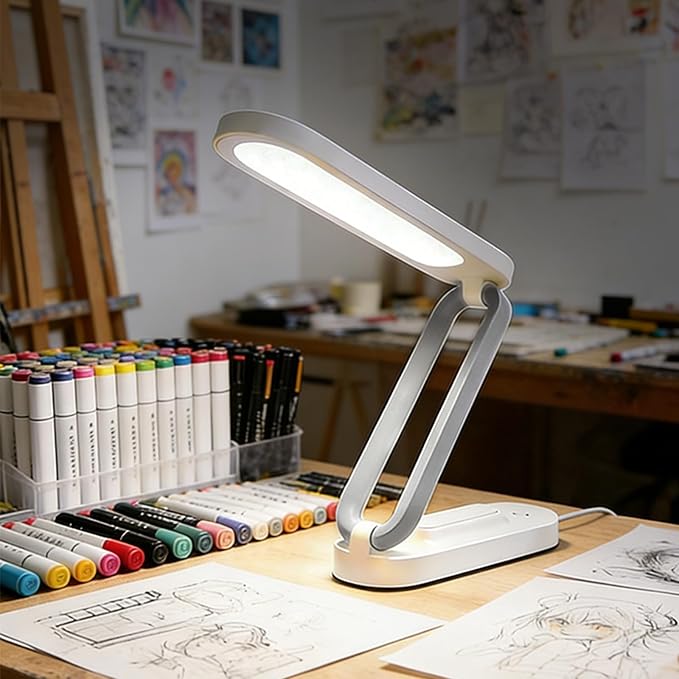 Rechargeable LED Desk Lamp, Foldable Portable Table Light with 3 Brightness Levels,Type-C USB Charging,Small Desk Lamp,Portable Bedside Wireless Reading Light,Home, Office, Nail Art,Craft,WHITE