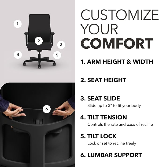 HON Ignition 2.0 Mid‑Back Ergonomic Office Chair, Mesh Task Seating with Lumbar Support, Advanced Synchro‑Tilt, Height and Width Adjustable Arms, Black Frame, Onyx