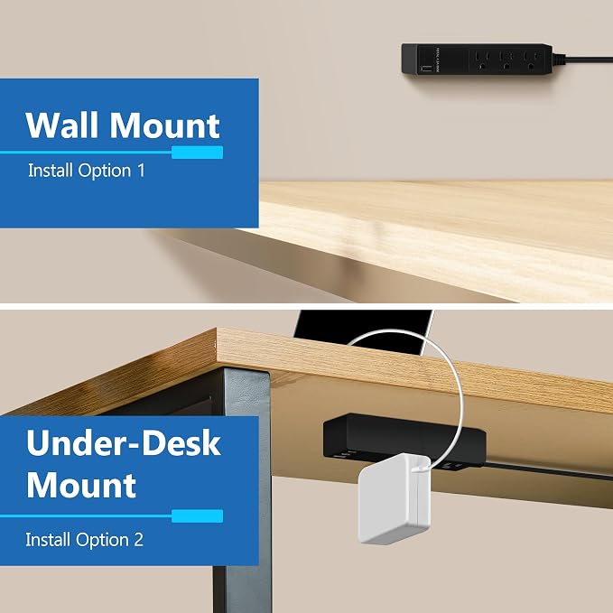 LIDER Outlet Extender with 3 Receptacles, USB-A & 2 USB-C Ports, Ultra-Thin Flat-Plug with Cord Extender, 3-Outlet Power Strip, Slim Angled Design, 5ft Cord, 1250W, ETL Listed, Matte Black