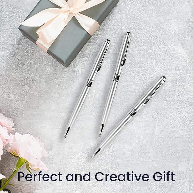 Cambond Ballpoint Pens Black Ink - Weighted Metal Twist Silver Pens for Police Uniform Flight Attendant Business, 1.0 mm Medium Point Smooth Writing, 3 Pens with 3 Refills (Silver)