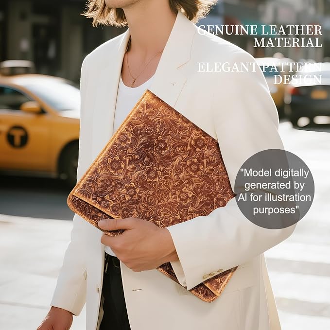 Gexmil Leather Portfolio Organizer for Women Men, Business Padfolio Folder with Zipper, Full Grain Leather,Interview Legal Document File Resume Organizer, A4 Writing Notepad Padfolio, Floral Brown