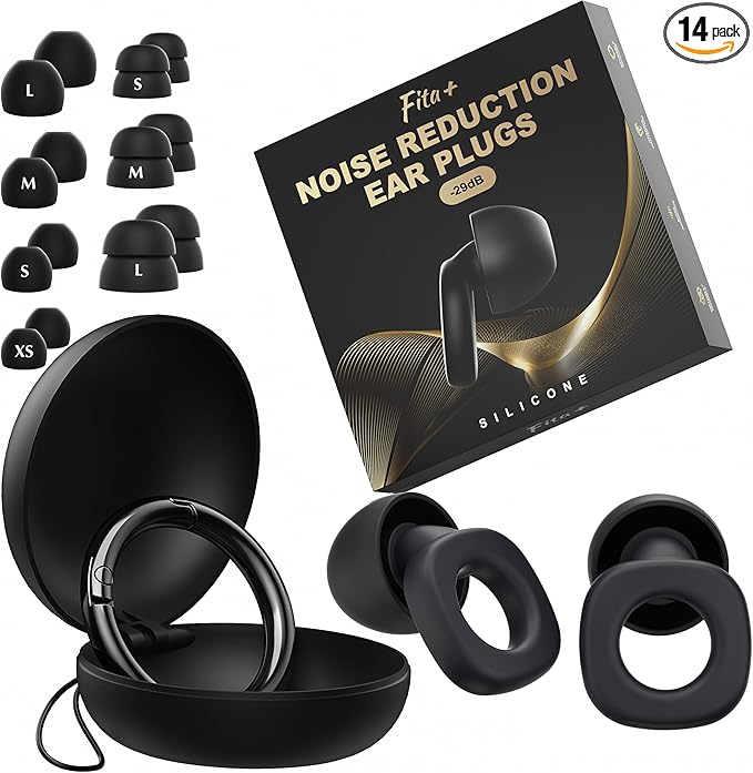 Fita+ Soft Ear Plugs for Sleeping, 7 Pairs XS/S/M/L, Reusable Noise Reduction Ear Plugs up to 33dB, Noise Cancelling for Work, Focus, Sleep - Black