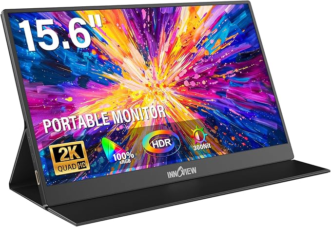 InnoView Portable Monitor 15.6" 2K QHD for Laptop with Protective Sleeve, Built-in 90° Adjustable Stand USB C HDMI Ultra-Slim Portable Laptop Monitor for MacBook Phone PS Xbox Switch