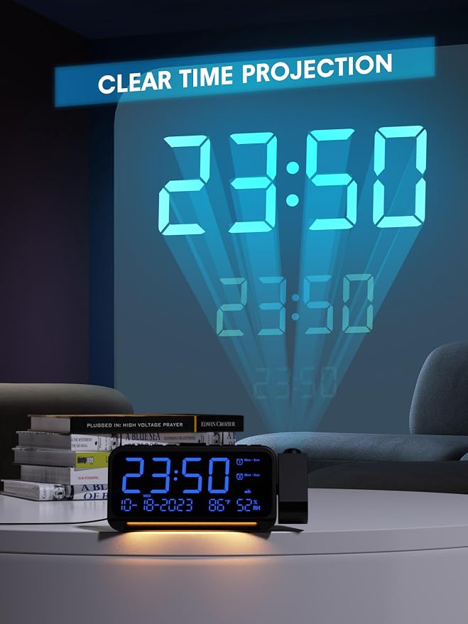 Mesqool Projection Alarm Clock Ceiling Display, with Temperature, Humidity | Dual Alarms, 5-Level Dimmer, Date, Night Light, Weekday/Weekend Mode, 12/24H, DST, , Snooze, 180° Rotatable, for Bedroom