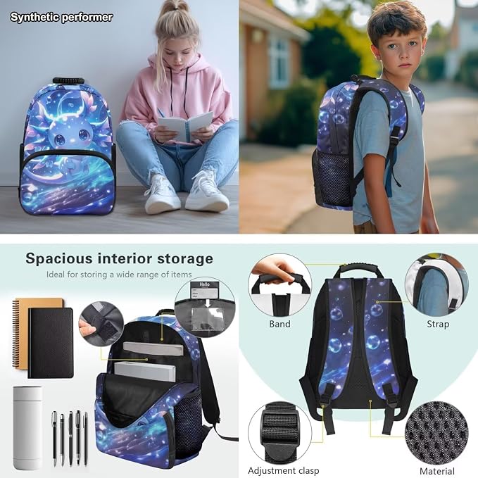 Blue Axolotl School Backpack for Girls, 4PCS Cartoon Bookbag Set with Insulated Lunch Bag & Pencil Case, 17 Inch Elementary Backpack for Kids Ages 6-8 1st 2nd 3rd Grade