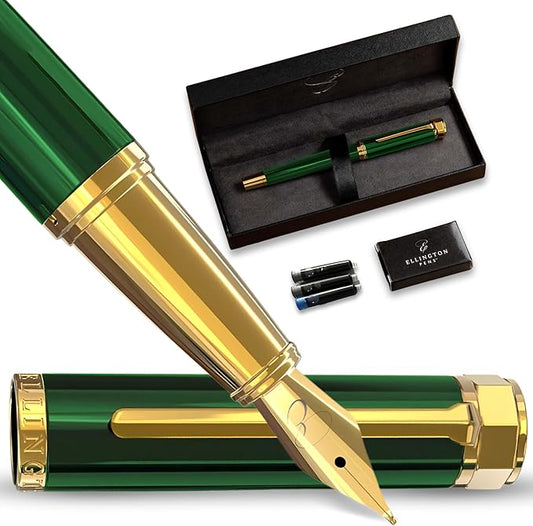 Ellington Pens Luxury Fountain Pen Set - Smooth Fine Nib - Includes 3 Ink Cartridges, Refillable Ink Converter, Box - Fountain Pens For Writing, Calligraphy, Journaling, Sketching (Emerald Enigma)