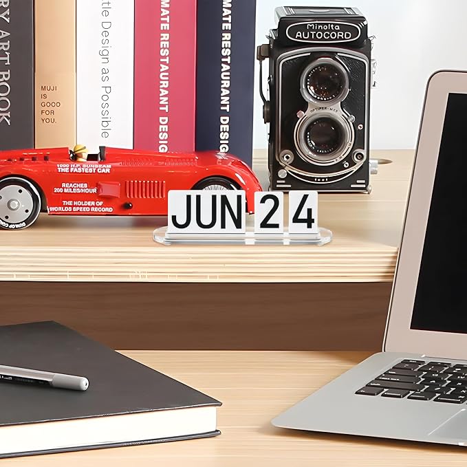Mini Acrylic Perpetual Desk Calendar for Desk, Daily Desktop Calendar with Acrylic Month Date Large Display Blocks, Farmhouse Vintage Office Desk Accessory for Home Office Decor, Reusable Yearly