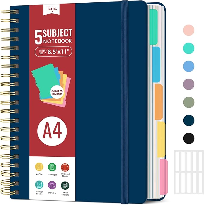 Large Spiral Lined Notebooks for Work with Removable Dividers & Tabs, 8.5"x11" Pretty Hardcover 5 Subject Notebook Journal for Women, College Ruled, Perfect for Study & Office Organization, 280 Pages, Navy Blue