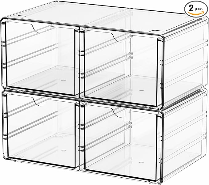 2 Pack Acrylic Storage Drawers With 4 Drawers,Stackable Desk Organizers and Makeup Organizer,Large Clear Office Supplies Organizer for Pen,Medical,Art Craft,Stationery Organizer for Countertop