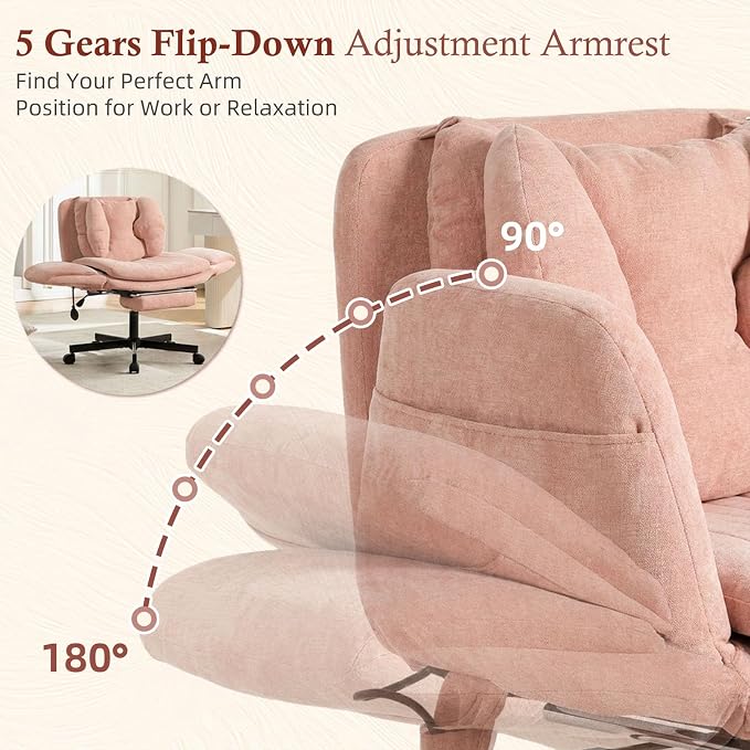 Criss Cross Office Chair with Footrest and 5-Gear Adjustable Arms, Pink | Wide seat cross-legged desk chair, flip lumbar pillow, airbag support, linen fabric, for home office, vanity and meditation