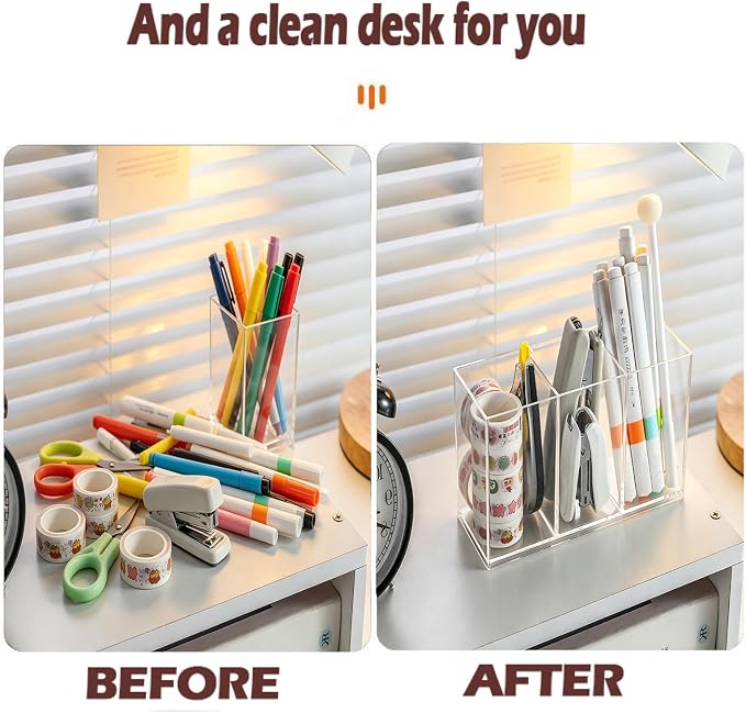 Acrylic Desk Organizer with 3 Compartments, Clear Pen Holder for Pencils and Markers, Makeup Brush Caddy for Vanity, Multi-Purpose Utensil Holder for Kitchen or Office Supplies
