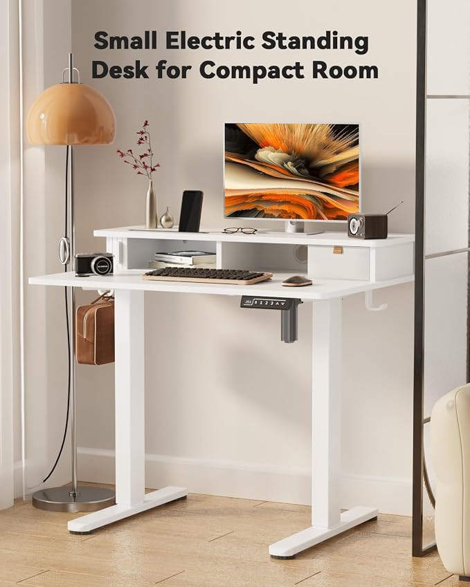 JOY worker 35" Small Electric Standing Desk with Monitor Stand & Storage | White 35" x 25" Height Adjustable Desk for Tight Space, Shutter Door & Drawer, Sit Stand Table with 2 Hooks for Home Office