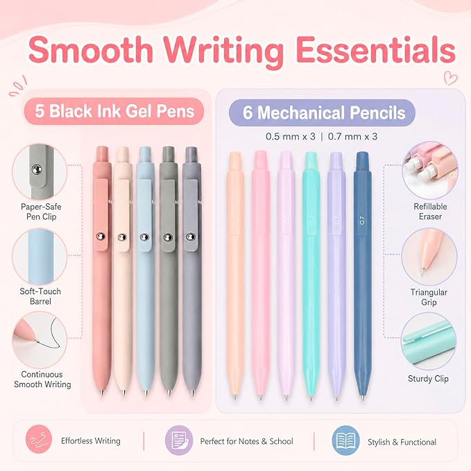 Aesthetic School Supplies with Pencil Pouch - 57 Pcs Cute College Essentials Set, Big Capacity Pen Case, Eraser Holder, Pastel Highlighters, Bible Study Journaling Stationary Kit for Girls Teens
