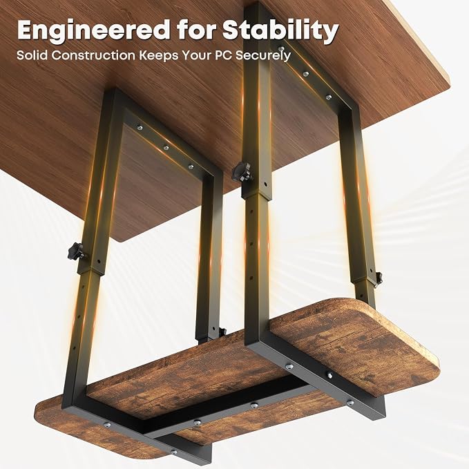 Heavy Duty Under Desk PC Mount, Height Adjustable, Black & Rustic Brown | Fits Maximum PC Case: 9.6”(Width) x 14.7''(Height), Stable Wood Base(size 22''x9.6'' ), Easy to Assemble, Max Load 66 lbs