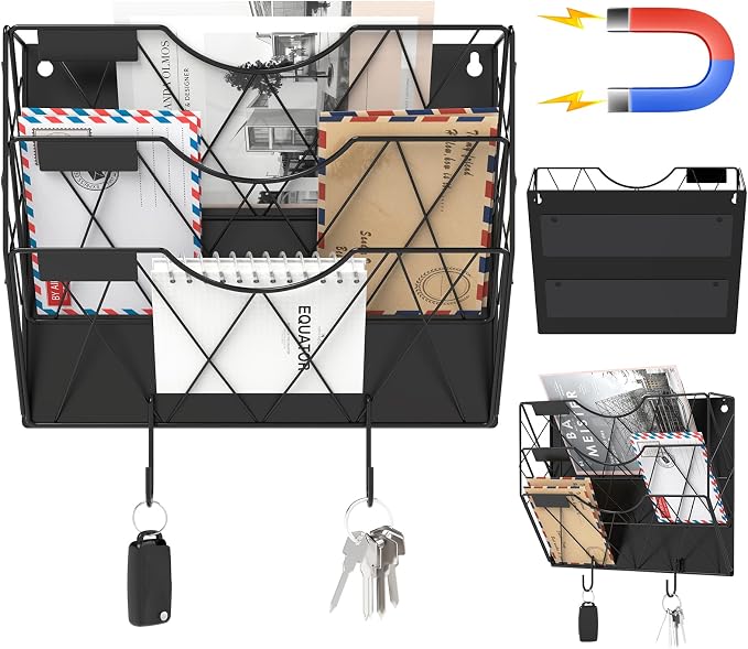 Patvingot Strong Magnetic File Holder, 3-Tier No-Drill Organizer | File cabinets, refrigerator sides and whiteboards; up to 8.8 lb; 3 tiers keep folders, mail and magazines visible and sorted