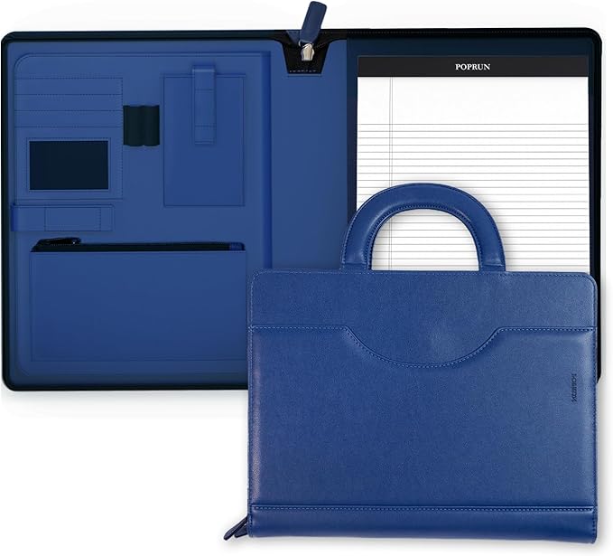 POPRUN Portfolio Organizer with Handle, PU Leather Padfolio Binder Including 50 Page Writing Pad, Document Tablet Business Card Storage Folder for Office Conference, Blue