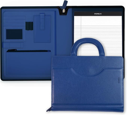 POPRUN Portfolio Organizer with Handle, PU Leather Padfolio Binder Including 50 Page Writing Pad, Document Tablet Business Card Storage Folder for Office Conference, Blue